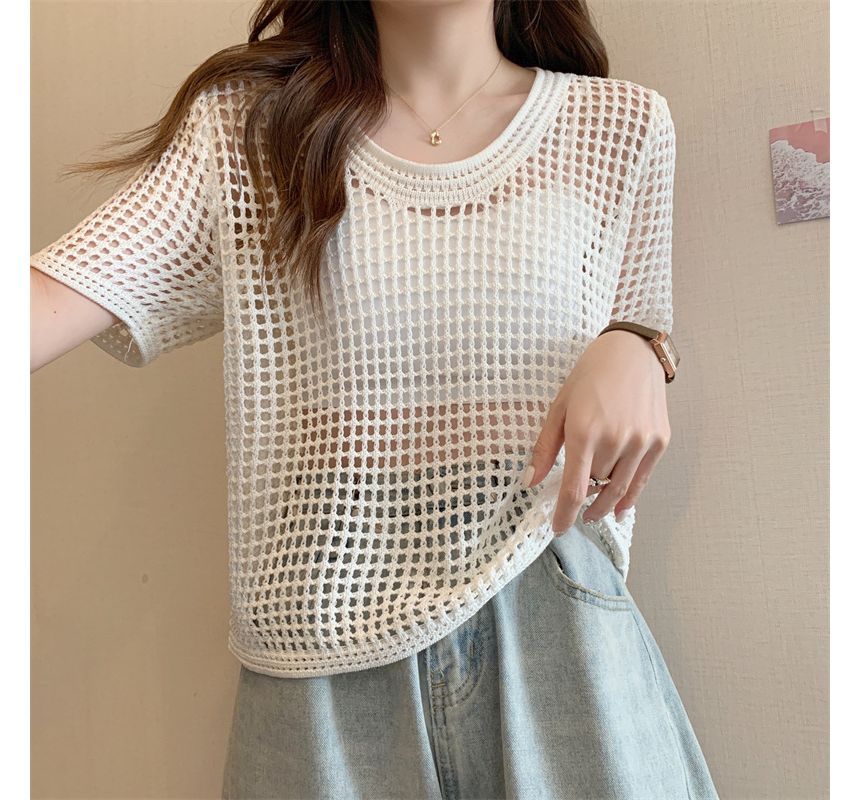 Perforated Short-Sleeve Knit Top