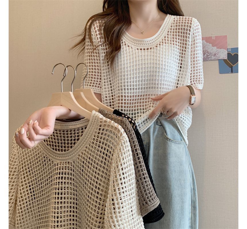 Perforated Short-Sleeve Knit Top