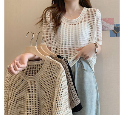 Perforated Short-Sleeve Knit Top
