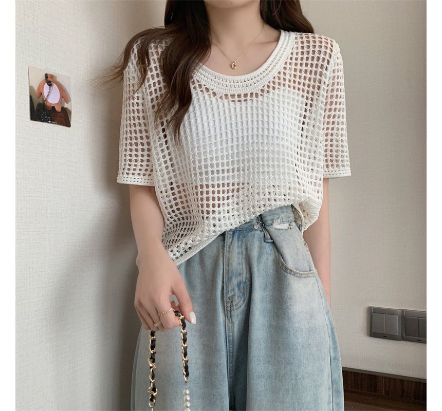 Perforated Short-Sleeve Knit Top