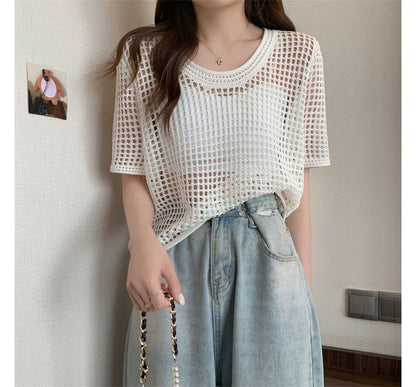 Perforated Short-Sleeve Knit Top