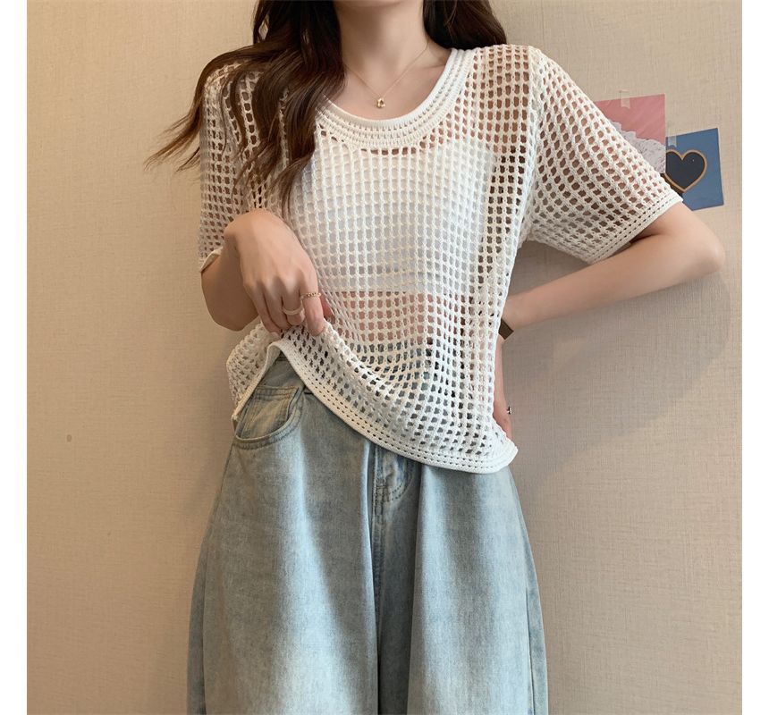 Perforated Short-Sleeve Knit Top