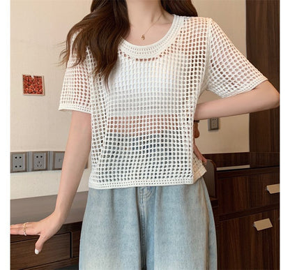 Perforated Short-Sleeve Knit Top