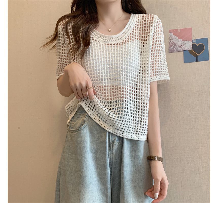 Perforated Short-Sleeve Knit Top