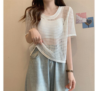 Perforated Short-Sleeve Knit Top