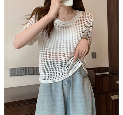Perforated Short-Sleeve Knit Top