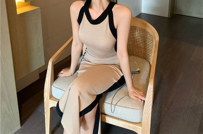 Slim-Fit Midi Two-Tone Sleeveless Dress