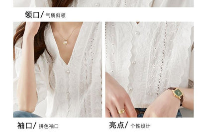 Puff-Sleeve V-Neck Plain Faux Pearl Lace Trim Blouse