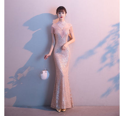 Glitter Gown Trim Fringe Mermaid Evening