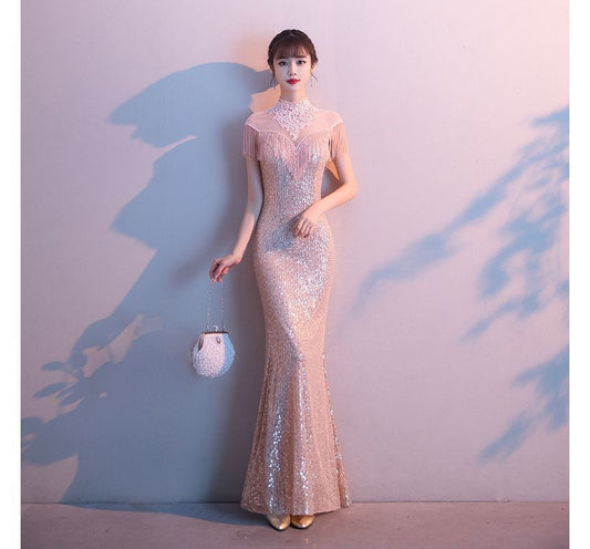 Fringe Trim Glitter Mermaid Evening Gown