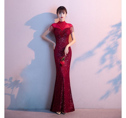 Glitter Gown Trim Fringe Mermaid Evening