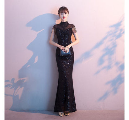 Fringe Trim Glitter Mermaid Evening Gown