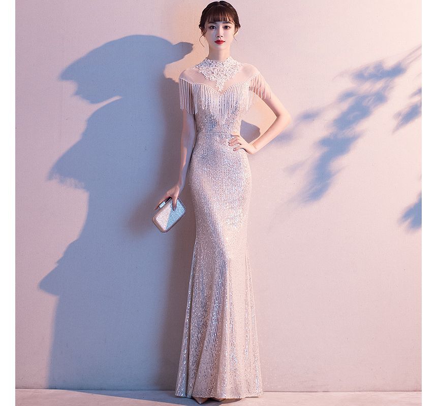 Fringe Trim Glitter Mermaid Evening Gown