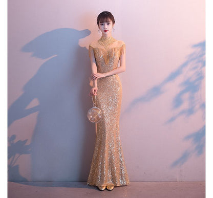 Fringe Trim Glitter Mermaid Evening Gown