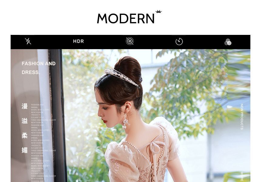 Evening Gown Short-Sleeve Rhinestone A-Line