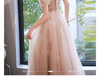 Evening Gown Short-Sleeve Rhinestone A-Line