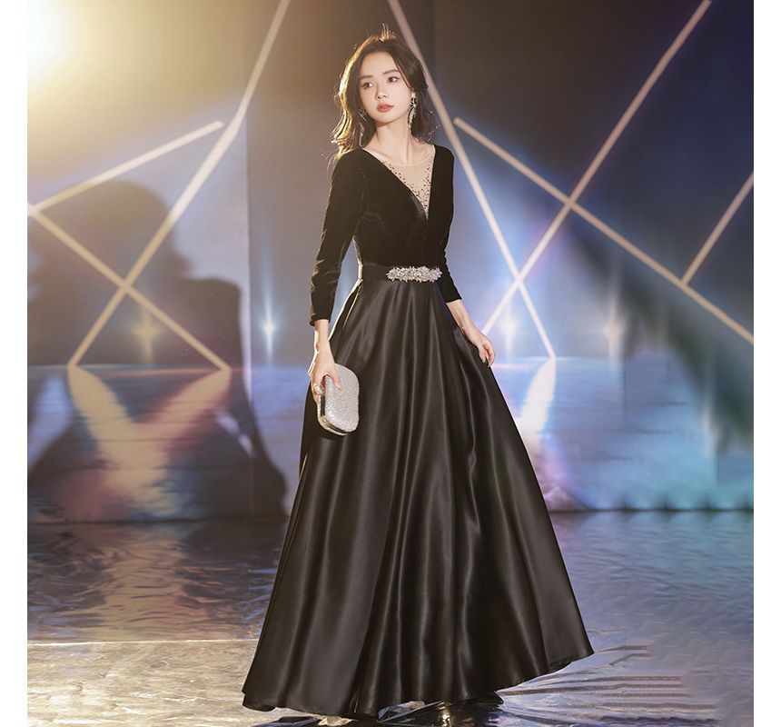 Long-Sleeve Rhinestone Velvet A-Line Evening Gown