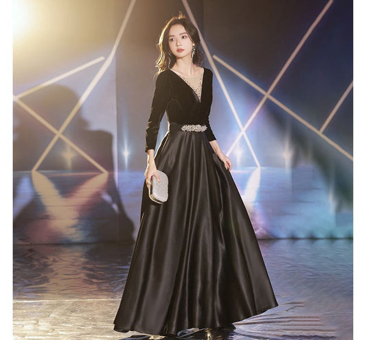Long-Sleeve Rhinestone Velvet A-Line Evening Gown
