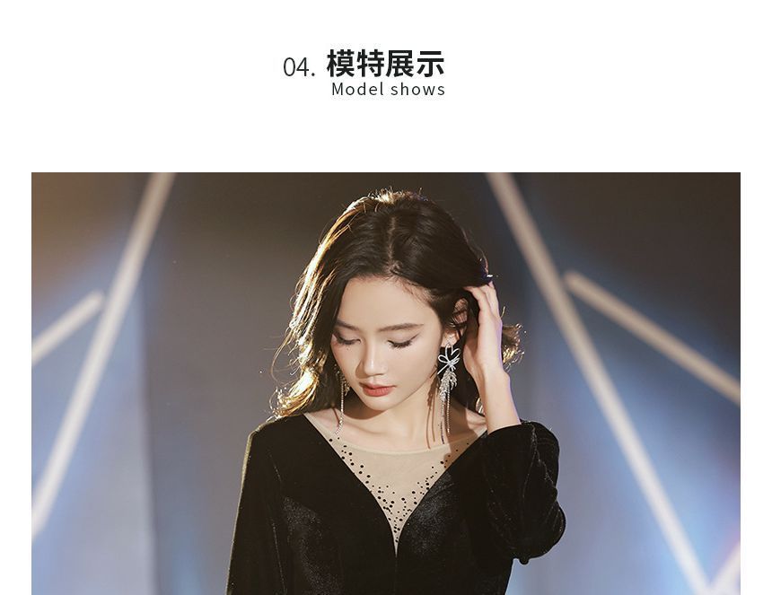 Long-Sleeve Rhinestone Velvet A-Line Evening Gown