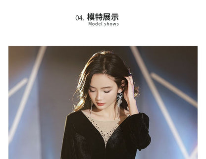 Long-Sleeve Rhinestone Velvet A-Line Evening Gown