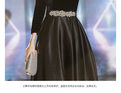 Long-Sleeve Rhinestone Velvet A-Line Evening Gown