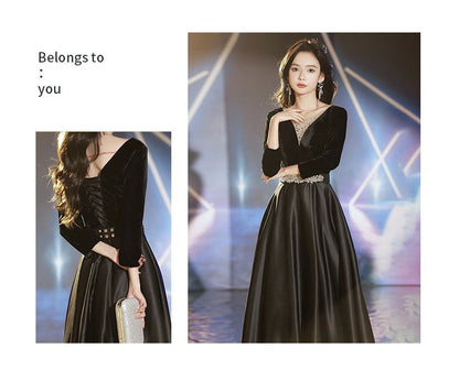 Long-Sleeve Rhinestone Velvet A-Line Evening Gown