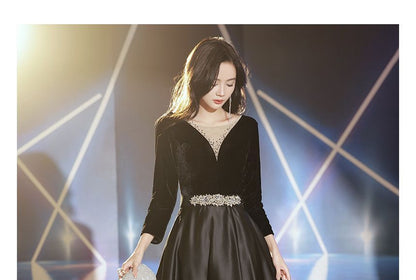 Long-Sleeve Rhinestone Velvet A-Line Evening Gown