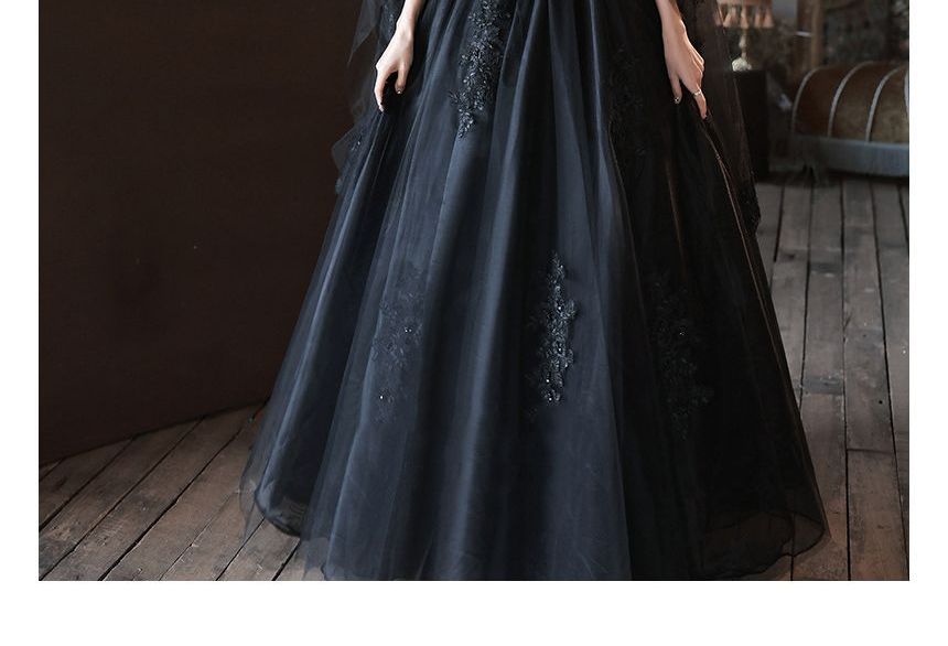 Short-Sleeve Lace Embroidered A-Line Evening Gown
