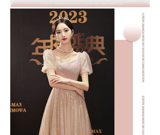 Short-Sleeve Glitter A-Line Evening Gown