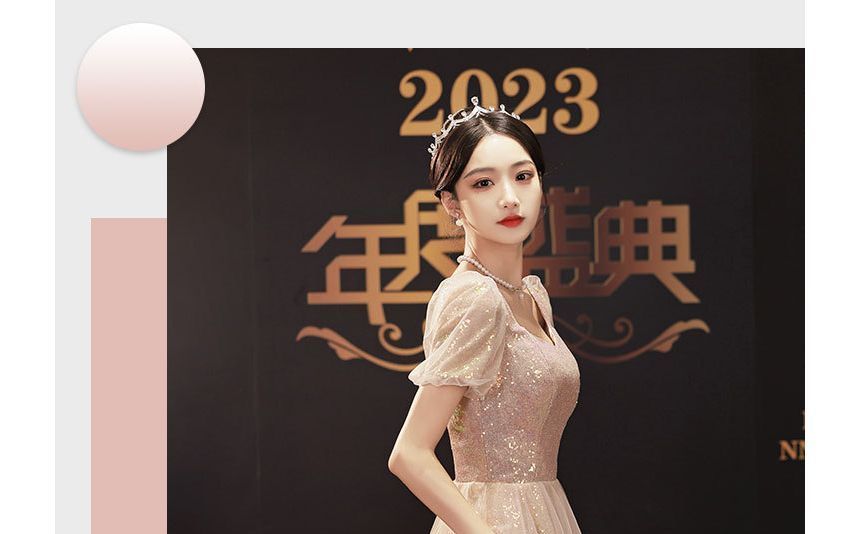 Short-Sleeve Glitter A-Line Evening Gown