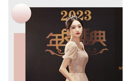 Short-Sleeve Glitter A-Line Evening Gown