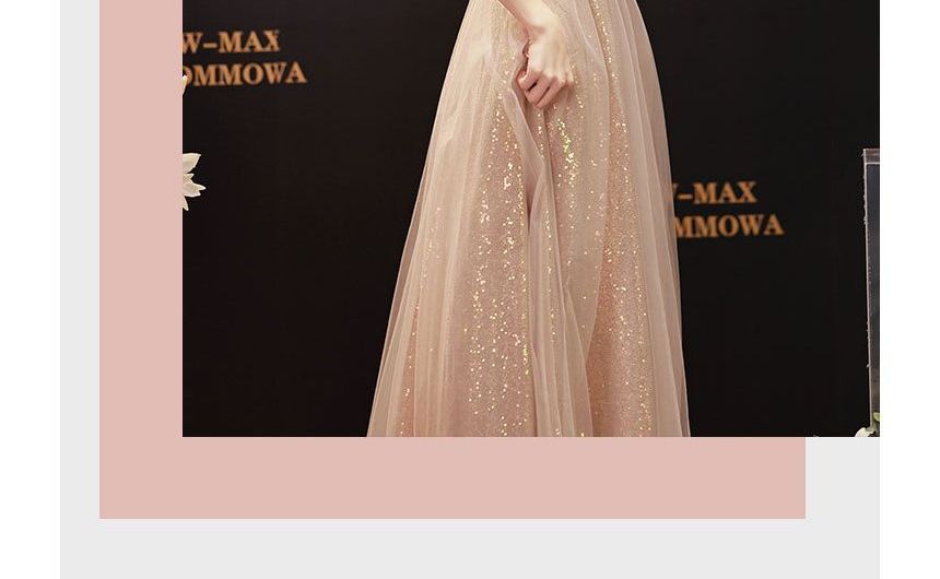 Short-Sleeve Glitter A-Line Evening Gown