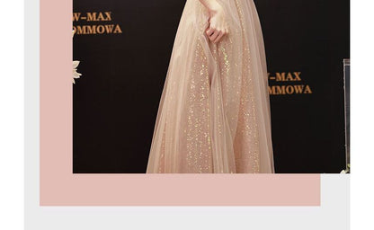 Short-Sleeve Glitter A-Line Evening Gown