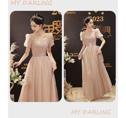 Short-Sleeve Glitter A-Line Evening Gown