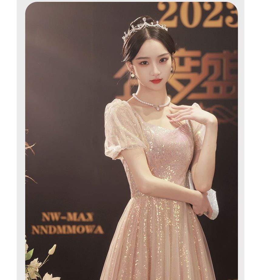 Short-Sleeve Glitter A-Line Evening Gown