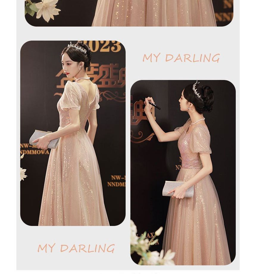 Short-Sleeve Glitter A-Line Evening Gown