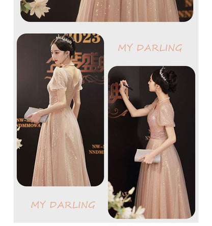 Short-Sleeve Glitter A-Line Evening Gown