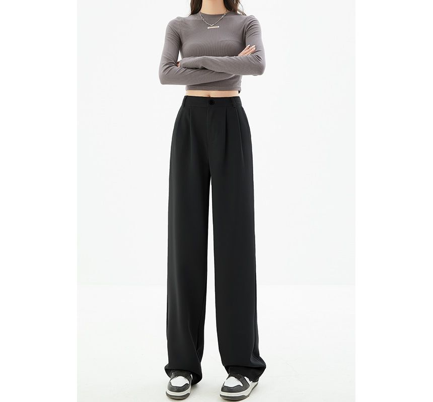 High Waist Plain Wide Leg Slacks