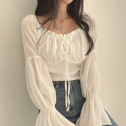 Cinched Sleeve Square Neck Plain Ruched Tie Front Blouse
