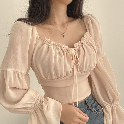 Cinched Sleeve Square Neck Plain Ruched Tie Front Blouse