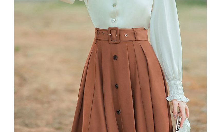 Long-Sleeve Collared Floral Embroidered Blouse / High Waist Plain Pleated Belted Midi A-Line Skirt / Set