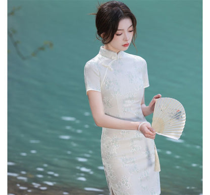 Short-Sleeve Floral Faux Pearl Mini Qipao