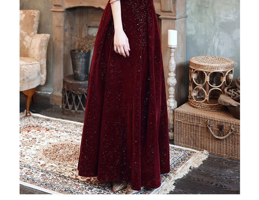 Short-Sleeve Glitter A-Line Evening Dress