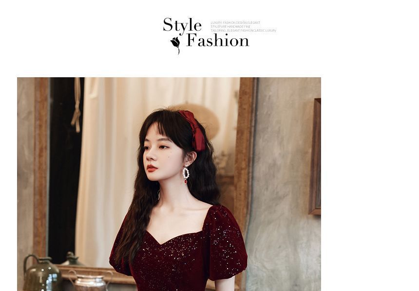 Short-Sleeve Glitter A-Line Evening Dress