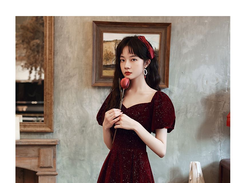 Short-Sleeve Glitter A-Line Evening Dress