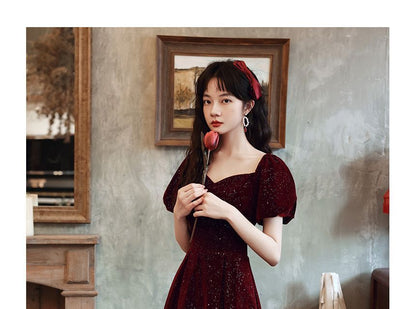 Short-Sleeve Glitter A-Line Evening Dress