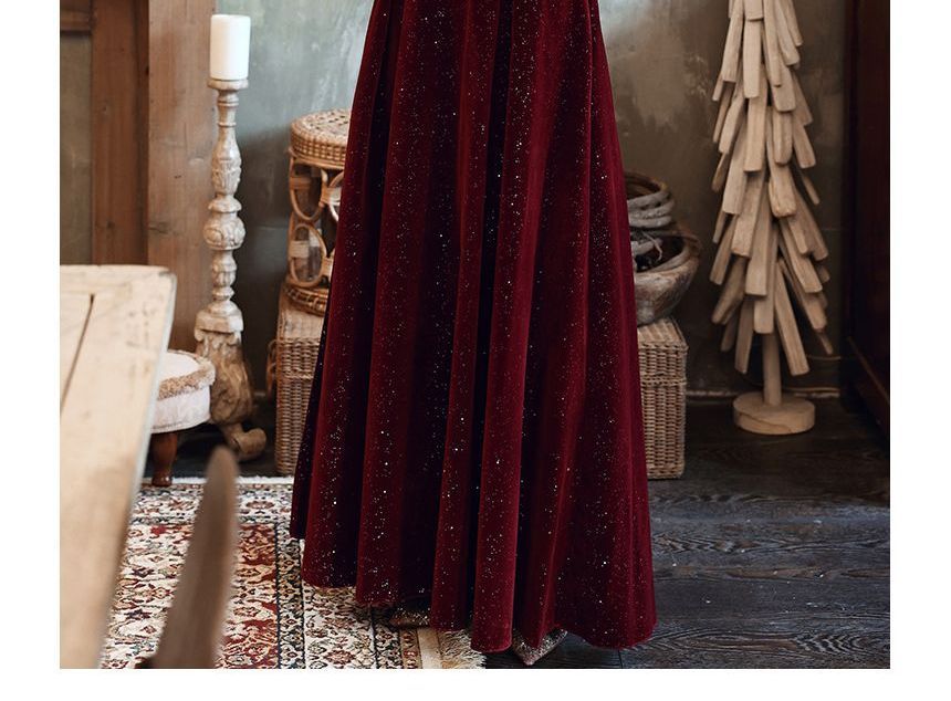 Short-Sleeve Glitter A-Line Evening Dress
