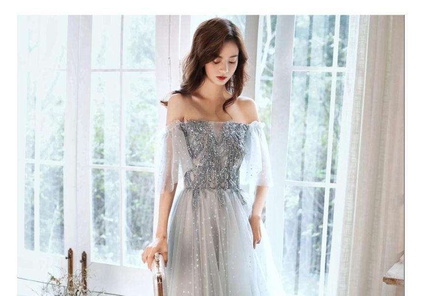 Cap-Sleeve Sequin Mesh Panel A-Line Evening Gown / Midi Dress