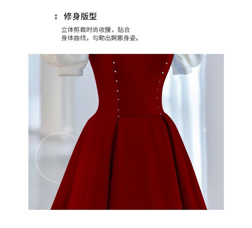 Puff-Sleeve Gown Tone Two A-Line Bow Evening