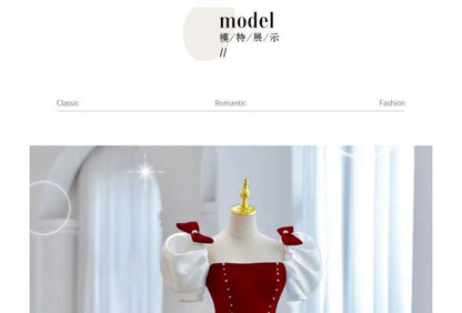 Puff-Sleeve Gown Tone Two A-Line Bow Evening